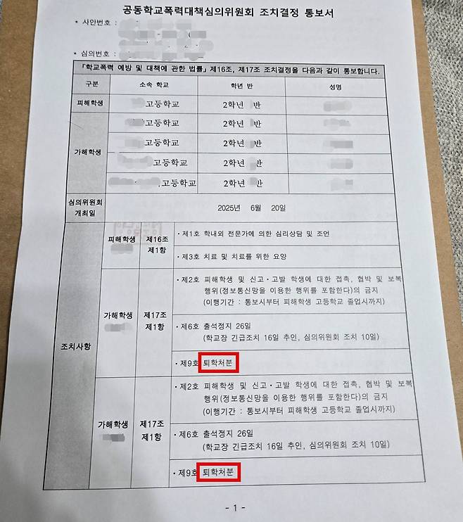 학폭심의위 결정 통지서 [독자 제공. 재판매 및 DB 금지]