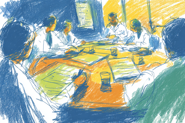 인공지능이 그린 의료기관 윤리위원회 위원 및 의료진이 환자의 임종 여부에 대해 논의하고 있는 모습. 일러스트=손영하 기자·미드저니