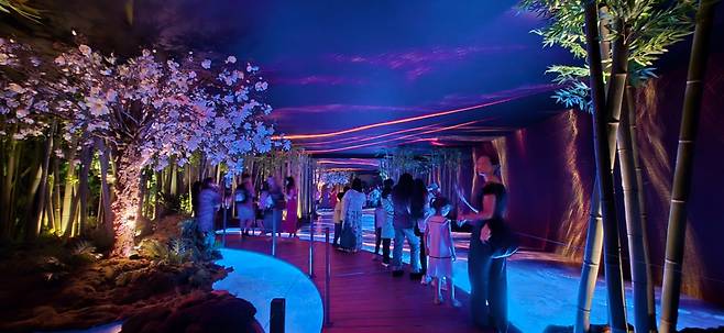 지난 28일(현지시간) 뉴욕 맨해튼의 제네시스하우스에서 관람객들이 '한국의 숲: 더 포레스트 위딘' 전시를 관람하고 있다. /사진=심재현 특파원