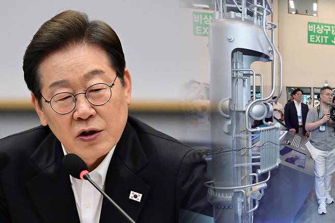 왼쪽은 이재명 대통령의 모습이다. 오른쪽은 2024 기후산업국제박람회에서 두산에너빌리티 부스에 전시된 SMR(소형모듈원전) 모형 ⓒ국회사진기자단·뉴스1