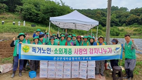 ▲ 부여군 은산면 남여 새마을지도자협의회는 은산면 시가지 환경정화 및 지역 내 어려운 이웃을 돕기 위한 사랑의 감자 수확 활동을 추진했다. 부여군사회복지협의회