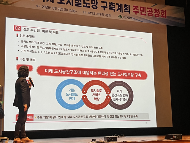 지난달 26일 안정화 한국교통연구원 연구위원이 대구시 도시철도망 구축계획안 검토 주안점에 대해 설명하고 있다. 김정원 기자