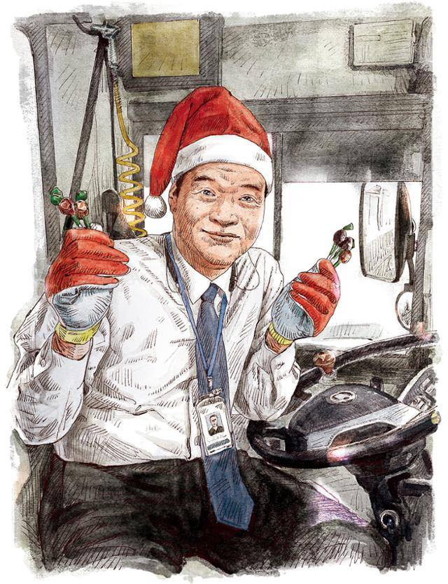 김혜진씨의 아빠가 산타복장을 하고 버스를 몰고 있다. 일러스트=신동준 기자