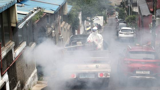 러브버그가 처음으로 '대발생'한 지난 2022년 7월, 서울 은평구 갈현로 인근 주택가에서 긴급 방역을 시행하고 있다. 최근에는 화학 방역을 하지 않는 추세다. 뉴스1