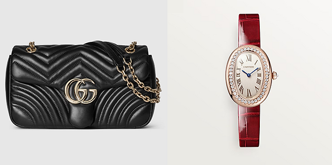 구찌 GG 마몽백과 까르띠에 베누아워치. [사진 = 구찌·까르띠에 공식홈페이지]
