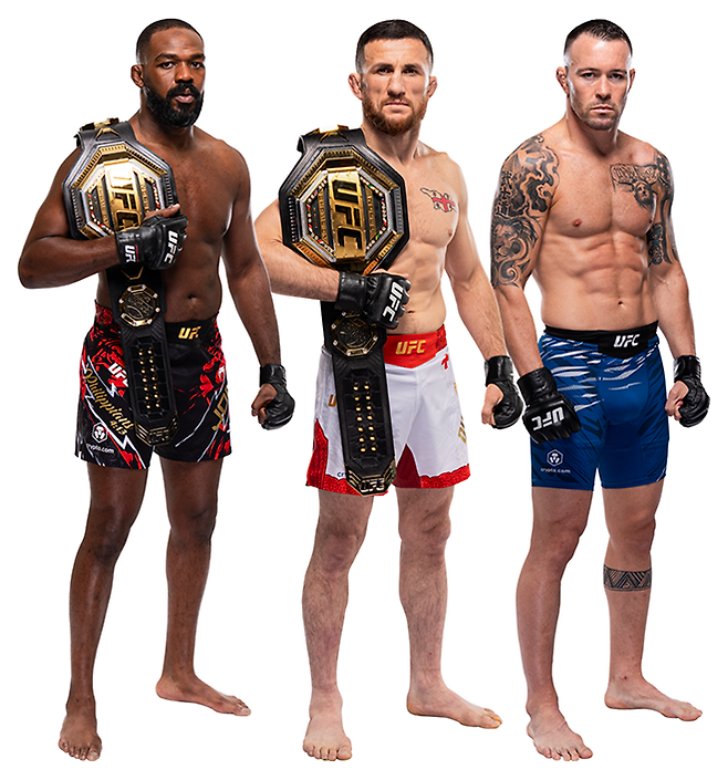 왼쪽부터 존 존스, 메라브 드발리슈빌리, 콜비 코빙턴 UFC 프로필. 존 존스는 제23대 헤비급 및 제12·14대 라이트헤비급 챔피언, 메라브 드발리슈빌리는 제11대 밴텀급 챔피언이다. 콜비 코빙턴은 웰터급 잠정 챔피언을 지냈다. 사진=TKO