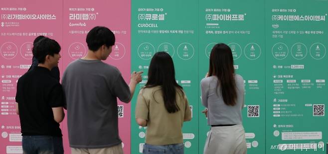 1일 대전 대덕구 한남대 캠퍼스혁신파크에서 열린 청년과 지역 우수기업 간 일자리 매칭 '잡(JOB)담(談)'에서 참가 학생이 기업정보를 살피고 있다.  /사진=뉴스1