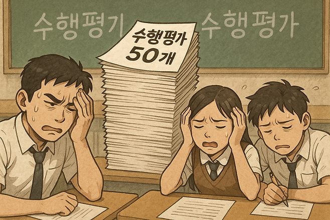 고등학생들이 쌓인 수행평가에 힘들어하는 모습. [챗GPT를 통해 제작]