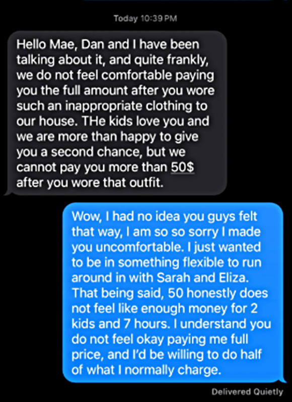 미국의 한 10대 베이비시터가 옷차림을 문제 삼은 고용주로부터 정당한 임금을 받지 못했다고 주장해 논란이 일고 있다. 소셜미디어(SNS) 레딧 캡처