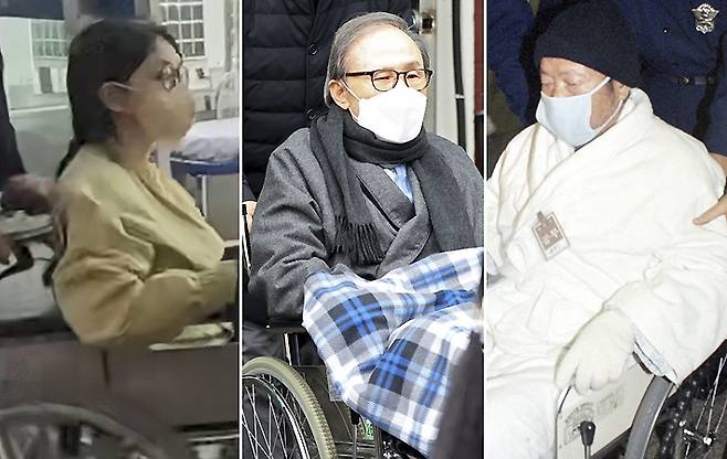 휠체어 퇴원 김건희/휠체어 탄 이명박 /중환자 차림 청문회 출석정태수(좌측부터) [연합뉴스 자료사진]