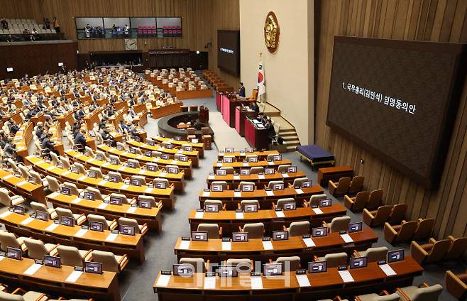 [이데일리 노진환 기자] 3일 오후 서울 여의도 국회에서 제426회국회(임시회) 제4차 본회의가 열렸다. 국민의힘 의원들이 표결에 불찬한 가운데 김민석 국무총리 후보자 임명동의안이 상정되고 있다.