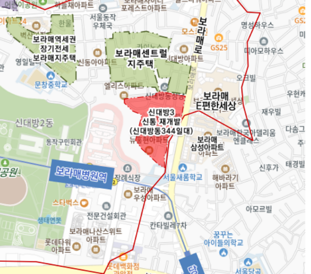 '2025년 서울시 제3차 주택재개발 후보지 선정위원회'에서 동작구 신대방동, 흑석동, 상도동 일대가 신속통합기획 재개발 후보지로 최종 선정됐다. 신대방동 344-132일대(신대방3) 위치도. /동작구