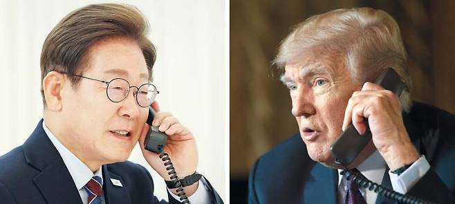 이재명 대통령이 지난달 6일 밤 서울 한남동 관저에서 도널드 트럼프 미국 대통령과 통화하는 모습. (왼쪽 사진) 오른쪽 사진은 트럼프 대통령이 2018년 트럼프 행정부 1기 때 전화 통화를 하고 있는 모습. 백악관은 트럼프 대통령이 이 대통령과 통화하는 사진은 공개하지 않았다./대통령실·AP 연합뉴스