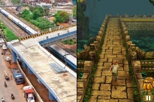 인도 마디아프레데시주 보팔시에 건설된 고가도로(왼쪽)와 모바일 게임 '템플런' 인게임 화면. 사진=엑스(X · 옛 트위터) 캡처