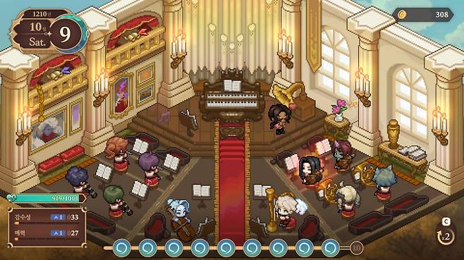 스케줄을 실행하는 모습. 어떤 활동을 하는지에 따라 카렌의 능력치가 변화하며, 플레이어의 선택에 따라 다양한 인물과의 상호작용이 전개된다.