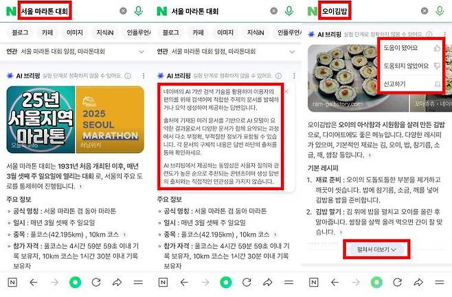 네이버 AI 브리핑 기능은 모든 결과에 ‘실험 단계로 정확하지 않을 수 있어요’라고 안내하고 도움이 됐는지에 대한 피드백도 받는다 / 출처=네이버