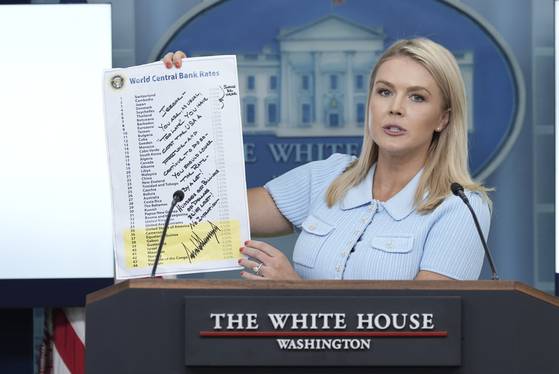캐롤라인 레빗 백악관 대변인이 지난달 30일 도널드 트럼프 미국 대통령이 제롬 파월 연준 의장을 향해 쓴 메모를 들고 있다. “언제나처럼 너무 늦었다. 금리를 내려야 한다”는 내용이다. [AP=연합뉴스]