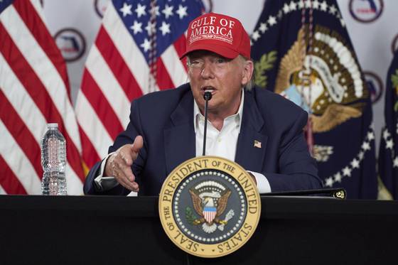 U.S. President Donald Trump speaks during a roundtable at ″Alligator Alcatraz,″ a new migrant detention facility at Dade-Collier Training and Transition facility in Ochopee, Florida on July 1. [AP/YONHAP]