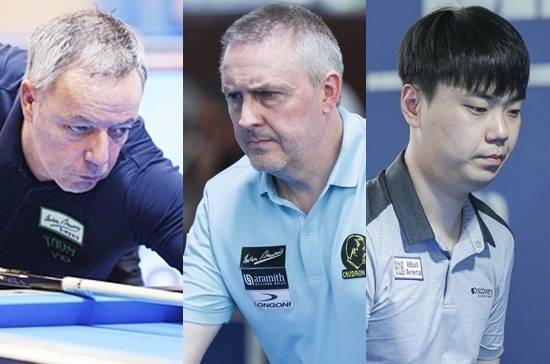 세계톱클래스 야스퍼스, 쿠드롱, 김행직(왼쪽부터)이 포르투3쿠션월드컵 32강 본선에서 한 조에 편성됐다. 세 명중 한명은 탈락해야 한다. (사진=SOOP)