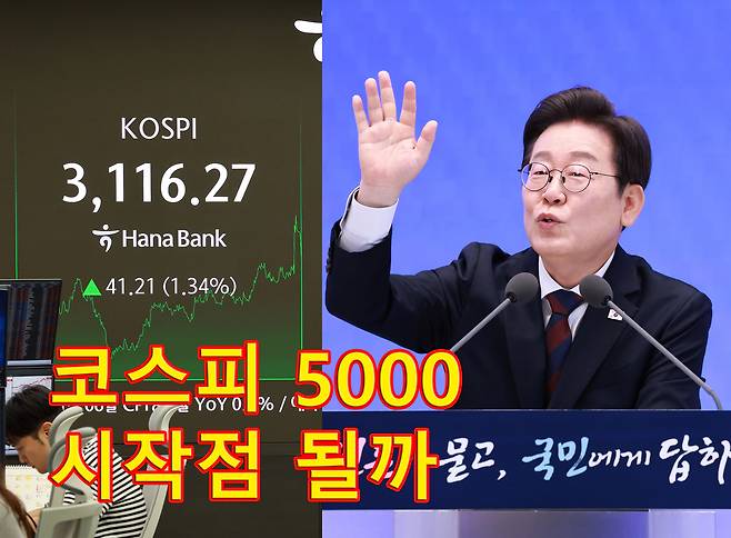 이재명 대통령이 3일 청와대 영빈관에서 열린 ‘대통령의 30일, 언론이 묻고 국민에게 답하다’ 기자회견에서 취재진의 질문을 받고 있다.  이날 코스피는 전 거래일보다 41.21p(1.34%) 오른 3116.27로 마감했다. [연합, 신동윤 기자 정리]