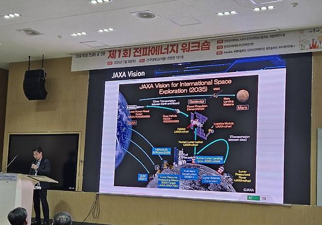 [서울=뉴시스] 박은비 기자 = 구현철 건국대 교수가 3일 건국대 서울캠퍼스에서 열린 제1차 전파에너지 워크숍에서  '달 탐사 임무 수행을 위한 시공간 초월 무선에너지 전송'을 주제로 강연하고 있다. 2025.07.03 *재판매 및 DB 금지