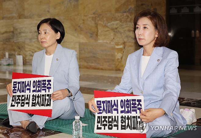 (서울=연합뉴스) 박동주 기자 = 국민의힘 나경원(오른쪽), 서명옥 의원이 27일 국회 로텐더홀에서 김민석 국무총리 후보자의 지명 철회, 법제사법위원장 반환을 촉구하며 농성을 하고 있다. 2025.6.27 pdj6635@yna.co.kr 연합뉴스