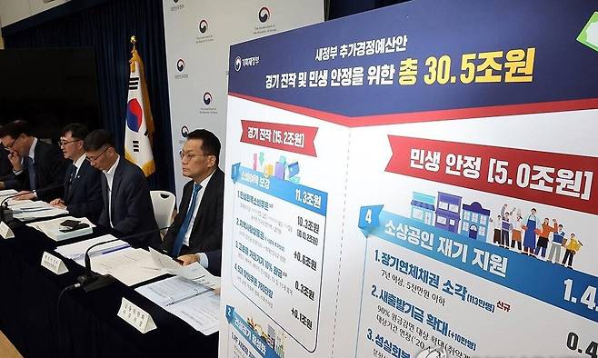 기획재정부가 지난달 18일 정부세종청사에서 새 정부 추가경정예산안에 대해 설명하고 있다. 연합뉴스