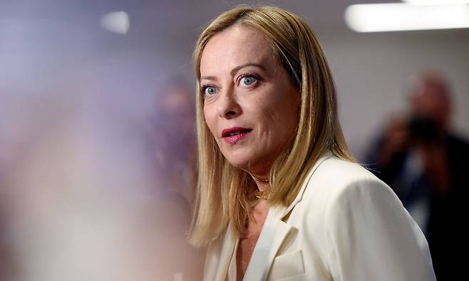 조르자 멜로니 이탈리아 총리가 지난 6월25일 나토 정상회의에 참석해 발언하고 있다. 로이터연합뉴스