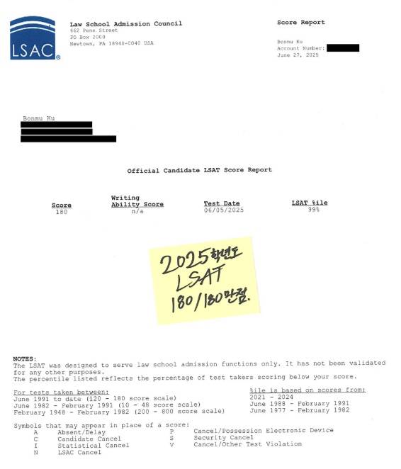 사진. 공식 LSAT 성적표 스캔본