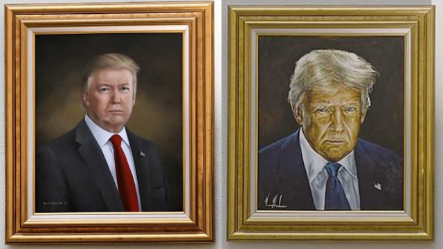 도널드 트럼프 미국 대통령의 기존 초상화(왼쪽), 새롭게 교체된 초상화(오른쪽). AP 연합뉴스