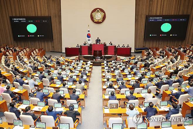 계엄법 일부개정법률안 본회의 통과 (서울=연합뉴스) 박동주 기자 = 3일 국회 본회의에서 계엄법 일부개정법률안이 통과되고 있다. 2025.7.3 pdj6635@yna.co.kr