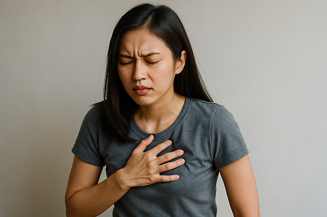 소화가 잘 안돼서 명치를 누르는 여성