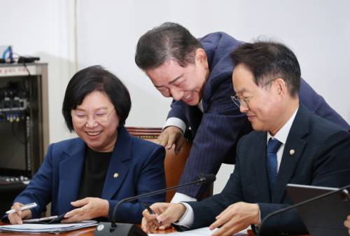 더불어민주당 김병기 당대표 직무대행 겸 원내대표가 3일 서울 여의도 국회에서 열린 정책조정회의에서 김현, 허영 의원과 대화하고 있다. 연합뉴스