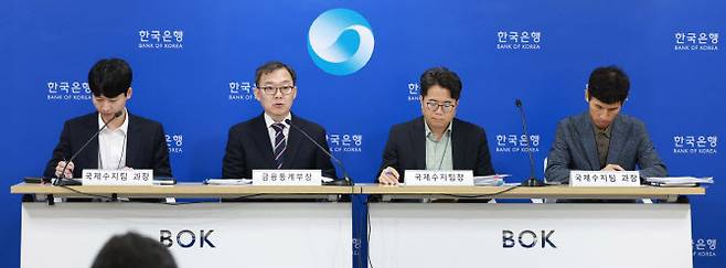 왼쪽부터 김준영 한국은행 국제수지팀 과장, 송재창 금융통계부장, 김성준 국제수지팀장, 권수한 국제수지팀 과장이 4일 오전 서울 중구 한국은행에서 개최된 ‘2025년 5월 국제수지(잠정) 기자설명회’를 진행하고 있다.(사진=한국은행)