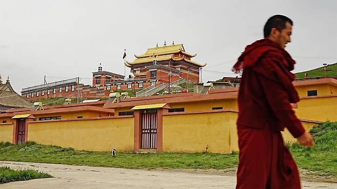랑쵸 마 사원 옆을 지나가는 한 승려