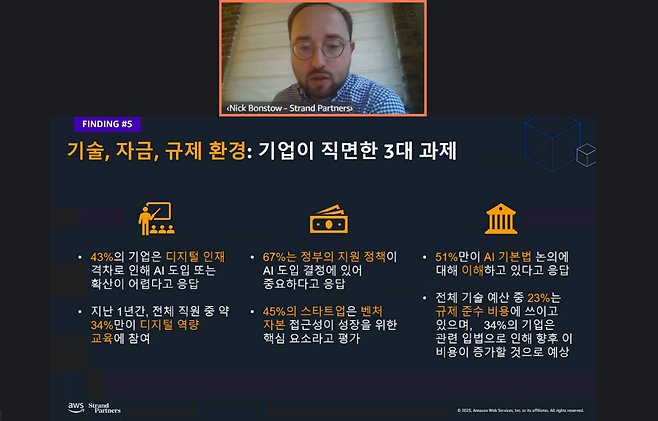 닉 본스토우 스트랜드 파트너스 매니저가 4일 오후 서울 강남구 AWS 오피스에서 열린 간담회에서 발표하고 있다. AWS 제공.