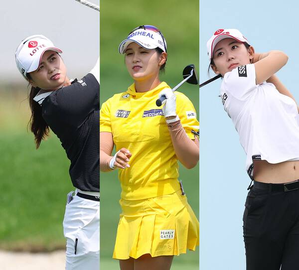 2025년 한국여자프로골프(KLPGA) 투어 제15회 롯데 오픈에 출전한 최혜진, 박현경, 황유민 프로가 1라운드에서 경기하는 모습이다. 사진제공=KLPGA