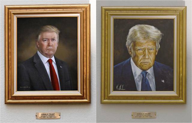 미국 콜로라도주 덴버에 위치한 주의회 의사당에 걸려 있던 기존 도널드 트럼프 대통령의 초상화(왼쪽 사진)와 새로 제작된 초상화. 덴버=AP 연합뉴스