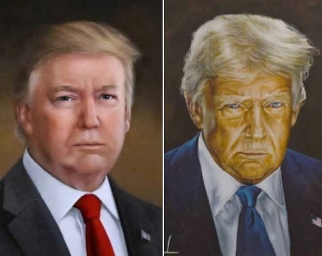콜로라도 주 의사당에 걸려 있던 기존 도널드 트럼프 대통령의 초상화(왼쪽)와 새로 제작된 초상화 확대본 [AP]