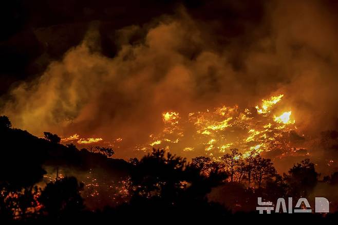 [크레타섬=AP/뉴시스] 그리스 크레타섬에서 발생한 산불이 강풍을 타고 확산되면서 주민과 관광객 약 5000명이 긴급 대피했다. 지난 2일(현지 시간) 크레라섬에서 산불이 번지는 모습. 2025.07.04