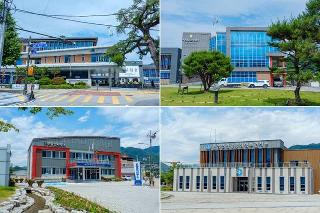 장수군청(윗줄 왼쪽부터 시계 방향으로), 장수군의회, 번암면건강증진형보건지소, 번암면사무소.