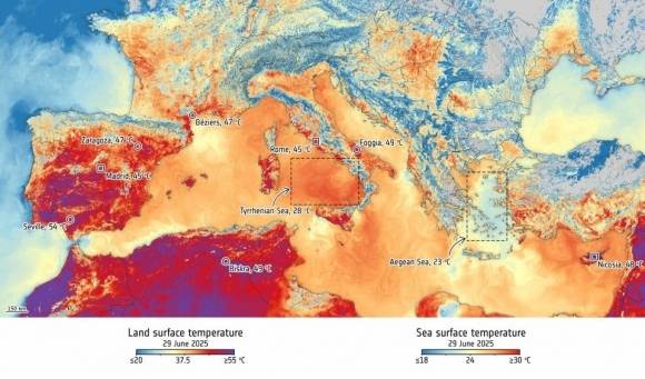 지난달 29일 코페르니쿠스 센티넬3 위성으로 촬영한 유럽 님부 모습. EPA 제공