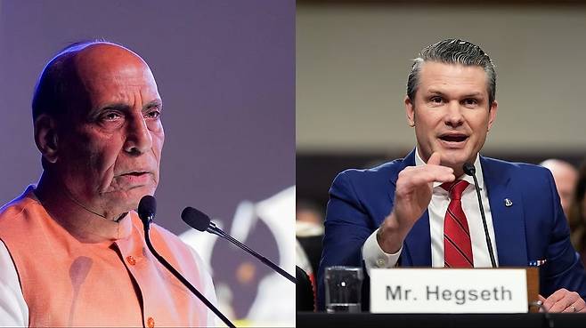 라지나트 싱 인도 국방장관(좌)과 피트 헤그세스 미국 국방장관 [인도 매체 인디언익스프레스 캡처. 재판매 및 DB 금지]