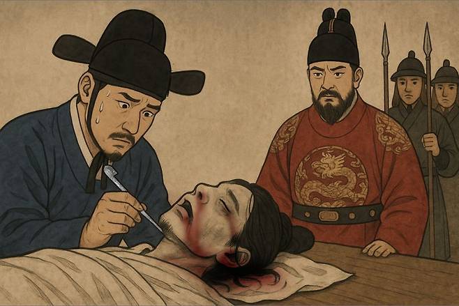 소현세자가 병이 난 후 며칠만에 죽자, 시신에 약물중독 의심 징후가 나타났다. 이들 두고 혹시 독살이 아닌지 의심하는 이들이 있었다. 그러나 결국 그 진실은 밝혀지지 않았고, 소현세자의 죽음은 의혹 속에 묻혔다. 챗GPT에 의한 AI생성 이미지 & 고은이 디자이너 도움.