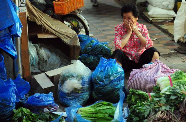 한 노점상이 길바닥에 여러 종류의 채소를 늘어놓고 손님을 기다리고 있다. 한국일보 자료사진