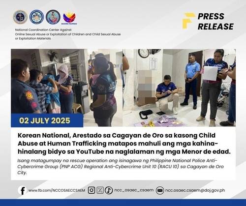 ▲ 필리핀 당국 아동 성착취 혐의로 韓유튜버 체포 [필리핀 온라인 아동 성 착취 및 아동 성학대물 대응 국가조정센터(NCC-OSAEC-CSAEM) 제공=연합뉴스]