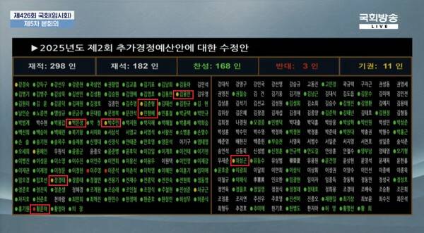 ▲국회 본회의장에 설치된 전광판이 4일 밤 2025년 추경안 수정안 표결결과를 나타내주고 있다(일부 강조표시). 사진=국회방송 영상 갈무리