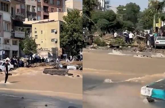 지난달 15일 이스라엘의 미사일이 이란 테헤란 타지리시에 떨어져 건물과 도로, 수도관 등이 파괴됐다. 소셜미디어 캡처