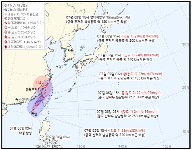 ⓒ기상청:2025년 제4호 태풍 다나스 현재위치와 이동 예상경로
