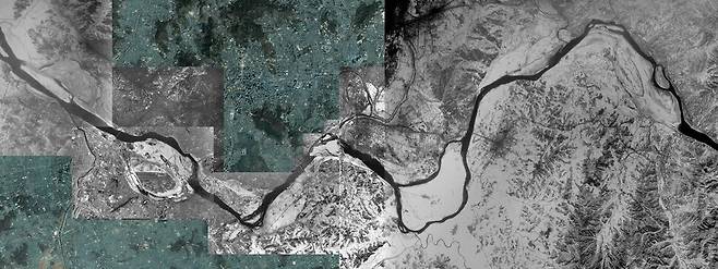 1969년 서울 한강의 항공 사진. 왼쪽부터 난지도, 여의도와 밤섬, 노들 백사장, 저자도, 잠실섬의 모습이 보인다. 김원 제공